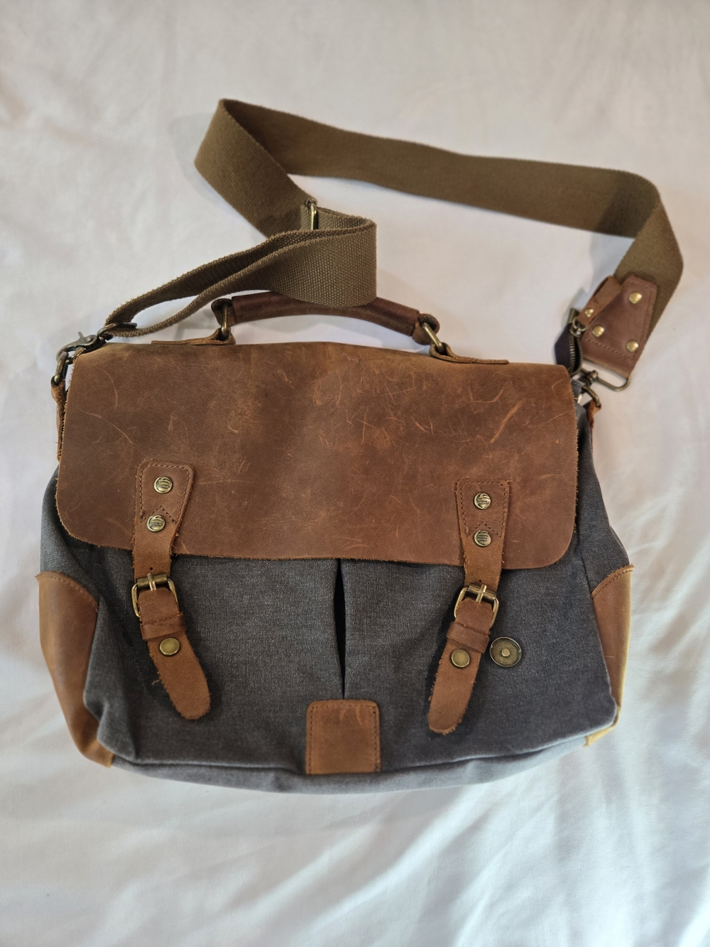 Leather-Trim Canvas Messenger Bag for Men - Brown & Gray - Picture 1 of 16